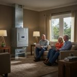 Family discussing home furnace installation in a cozy living room