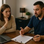Night technician in safety gear repairing furnace outside home by service van, offering 24-hour emergency heating service