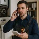 A technician in coveralls works on a home furnace in darkness, lit by work lights, ensuring 24 hour emergency heating service
