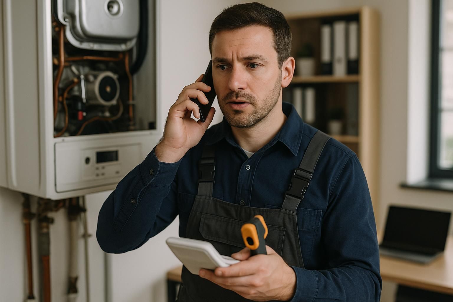 A technician in coveralls works on a home furnace in darkness, lit by work lights, ensuring 24 hour emergency heating service