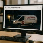 Nightfall repairman with toolbox at cozy home doorstep, 24 hour emergency heating service near me