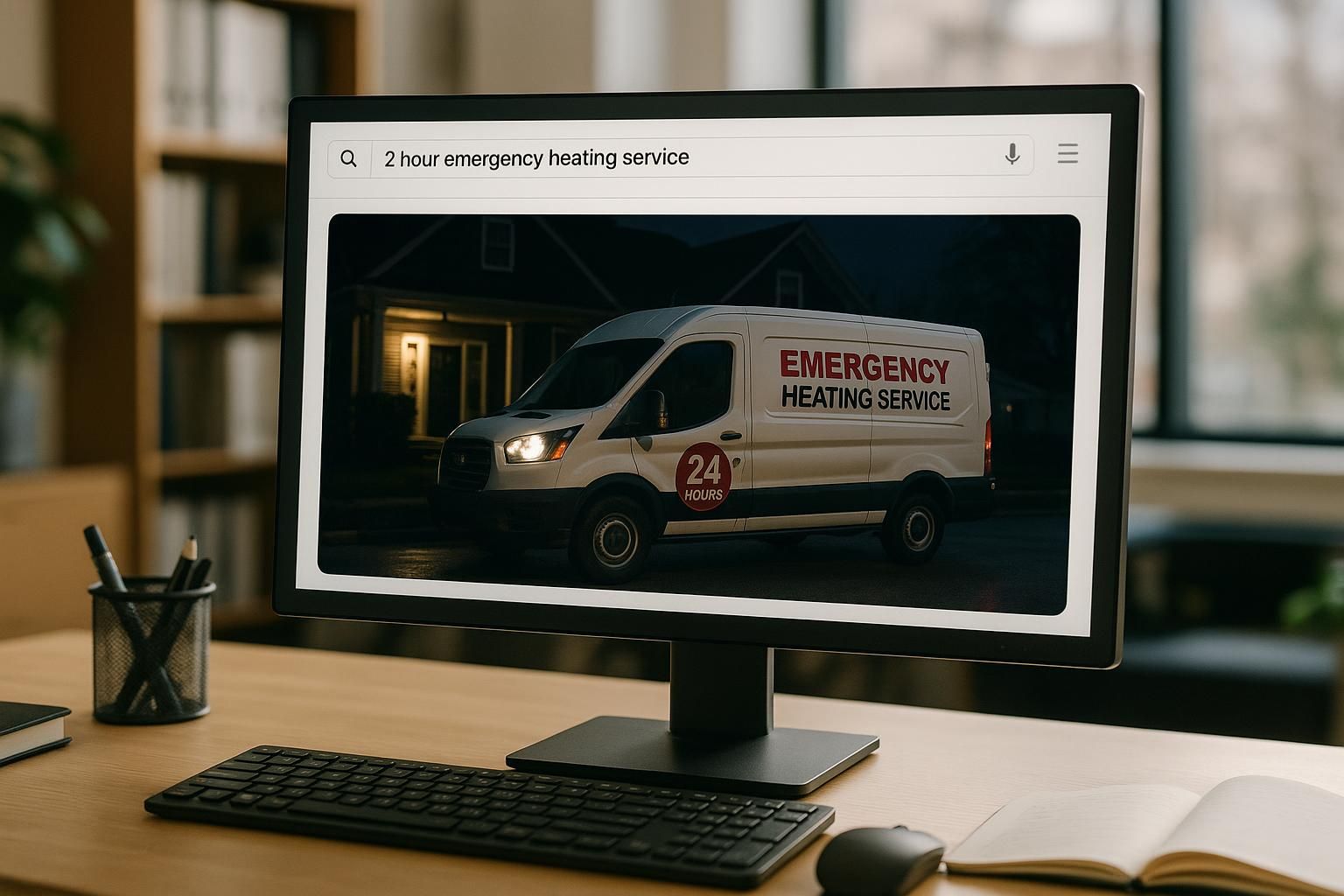 Nightfall repairman with toolbox at cozy home doorstep, 24 hour emergency heating service near me