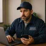 Nighttime HVAC technician fixing a furnace in a snowy backyard, showcasing 24 hour emergency heating services.