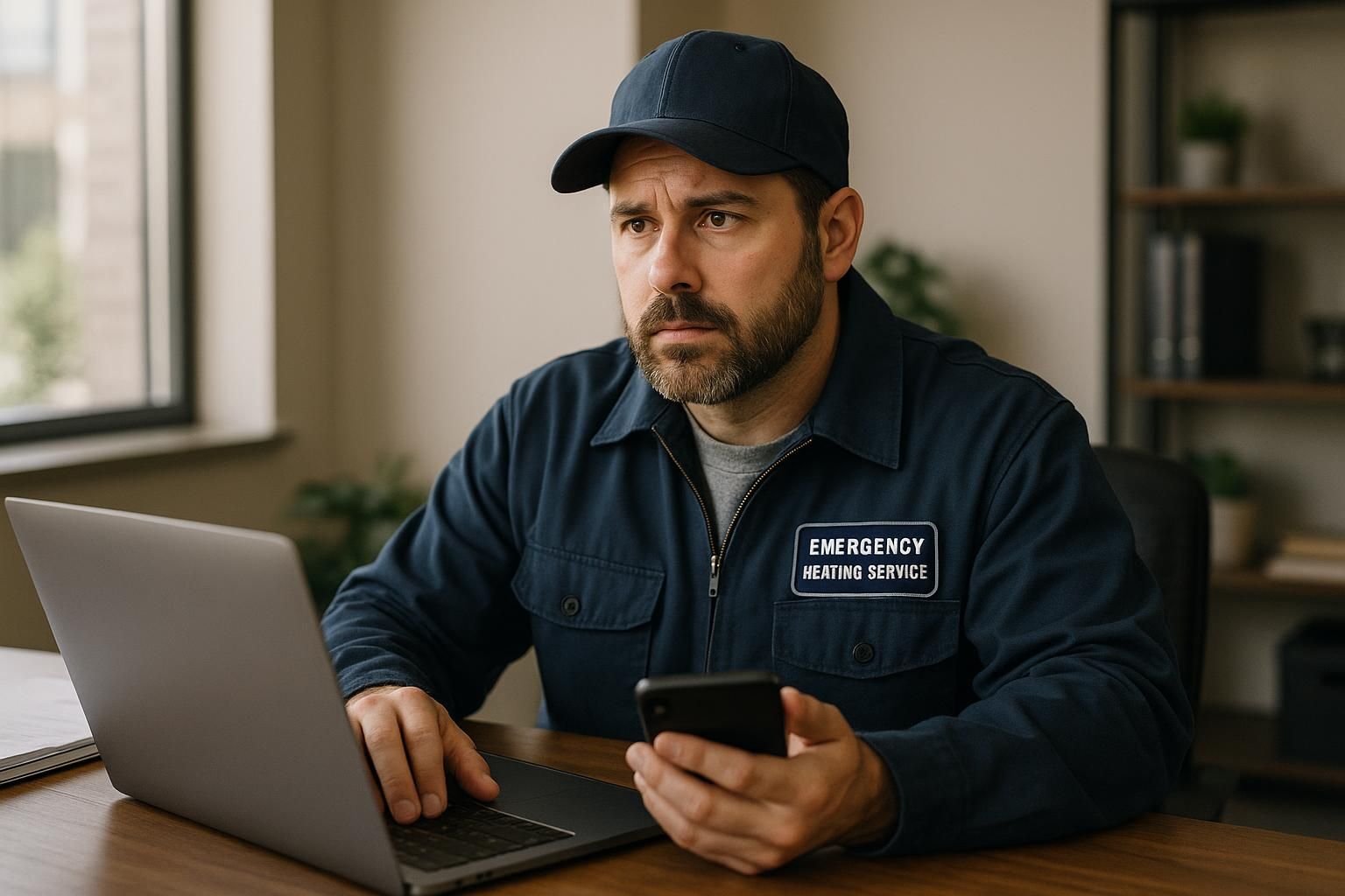 Nighttime HVAC technician fixing a furnace in a snowy backyard, showcasing 24 hour emergency heating services.