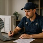 HVAC technician in uniform repairing a split AC unit with tools, illustrating ac repair and service