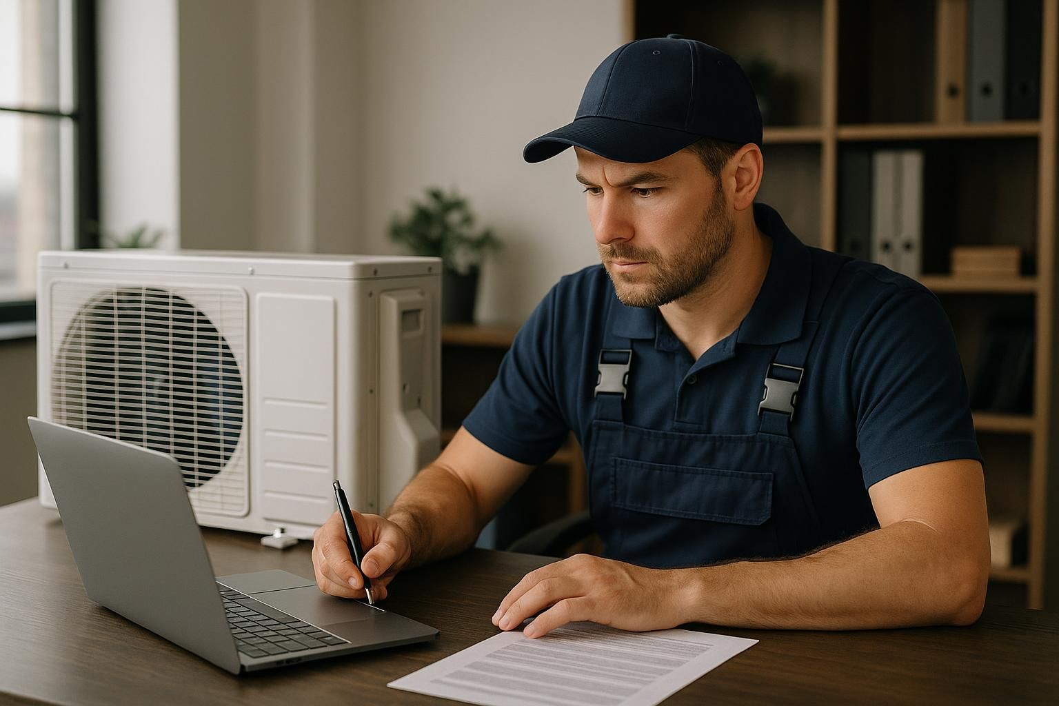 HVAC technician in uniform repairing a split AC unit with tools, illustrating ac repair and service