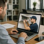 Technician performing ac repair and services on a wall-mounted air conditioner using tools in a bright home setting