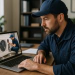 Technician in uniform servicing home air conditioner outdoors, ac repair service near me banner in the background