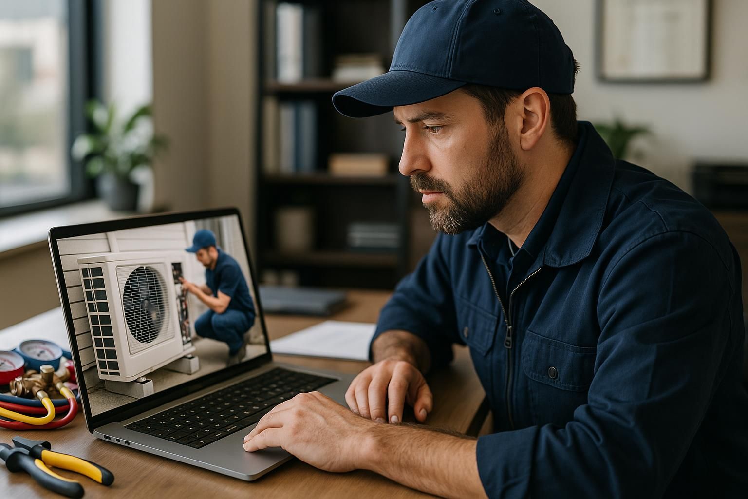 Technician in uniform servicing home air conditioner outdoors, ac repair service near me banner in the background