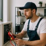 Technician in uniform performing ac repair & services on a wall-mounted air conditioner using tools in a bright living room