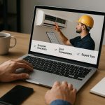 Technician in uniform repairing outdoor AC unit against sunny suburban house backdrop offering ac repair services near me