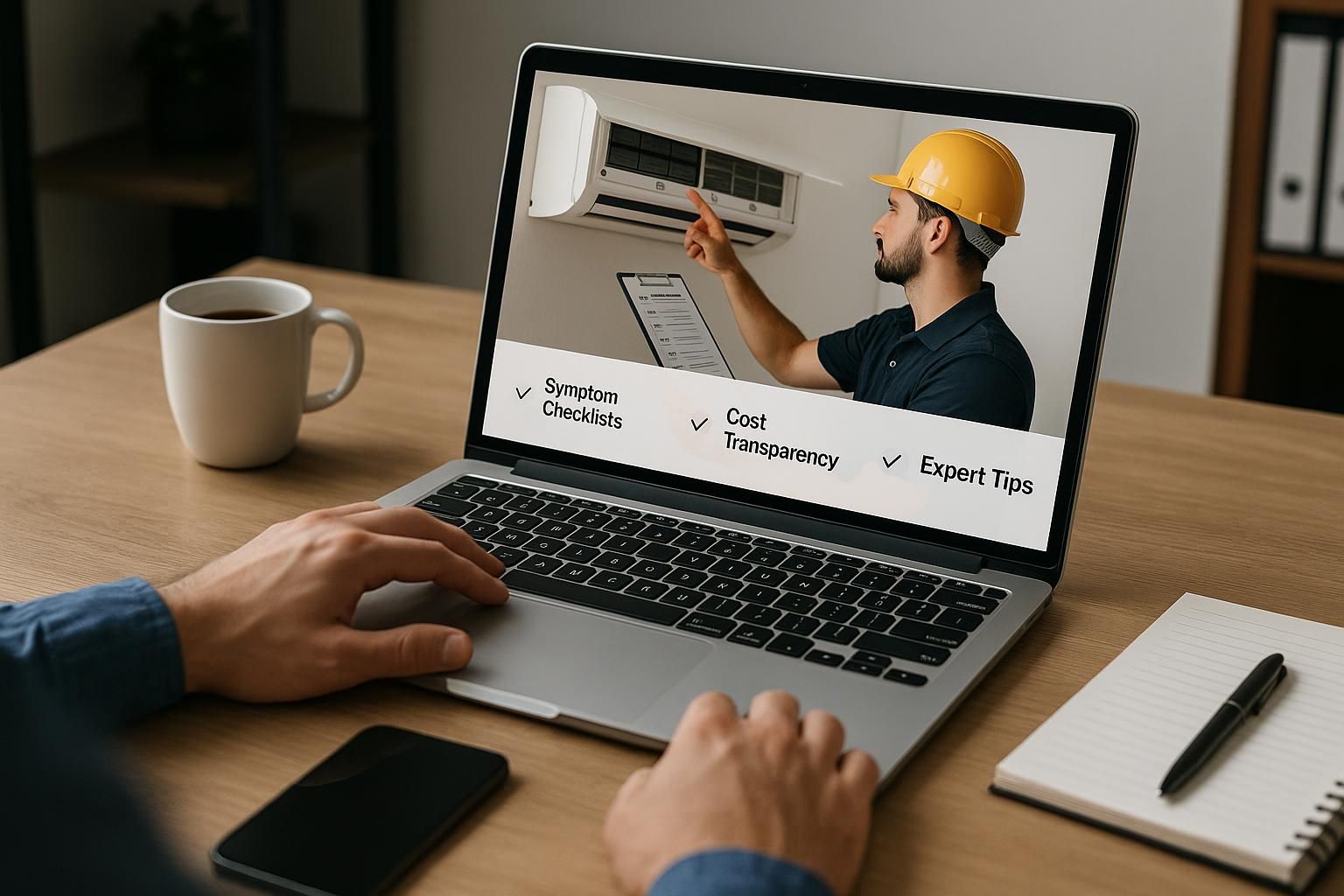 Technician in uniform repairing outdoor AC unit against sunny suburban house backdrop offering ac repair services near me