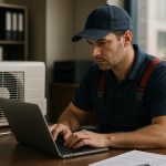 Home AC system on a roof with uniformed technician checking gauges and toolbox, ac service and repair near me concept