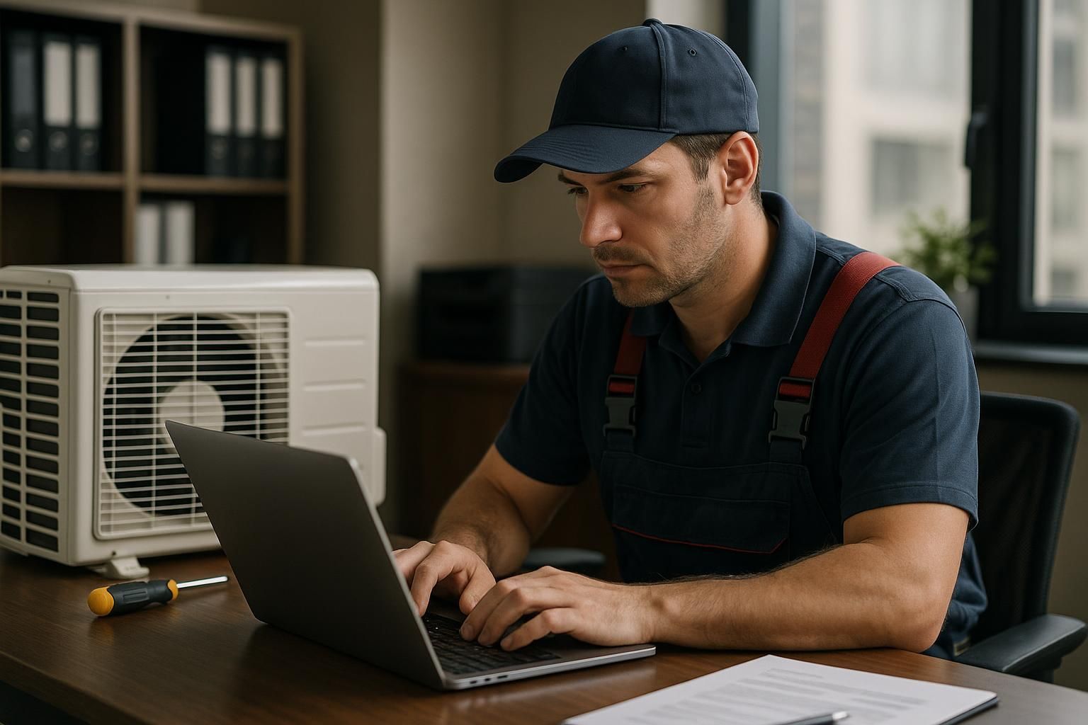 Home AC system on a roof with uniformed technician checking gauges and toolbox, ac service and repair near me concept