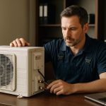 Smiling technician in blue uniform performing air conditioning service on wall unit with toolbox in a bright modern home