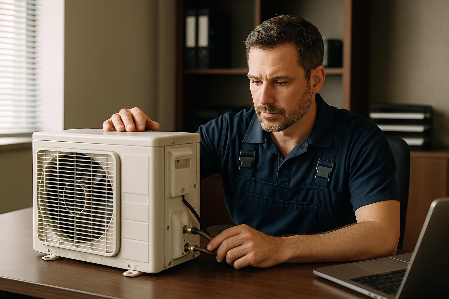 Smiling technician in blue uniform performing air conditioning service on wall unit with toolbox in a bright modern home