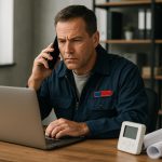 Nighttime technician arrives with toolbox to repair a home furnace, emergency heating and air service restoring warmth