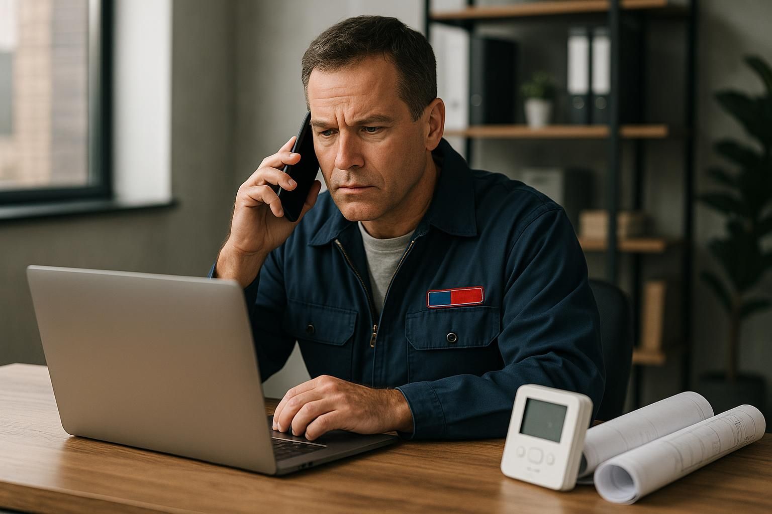 Nighttime technician arrives with toolbox to repair a home furnace, emergency heating and air service restoring warmth