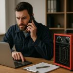 Technician in uniform fixes a home furnace at night under emergency heating repair service with tools and a diagnostic tablet