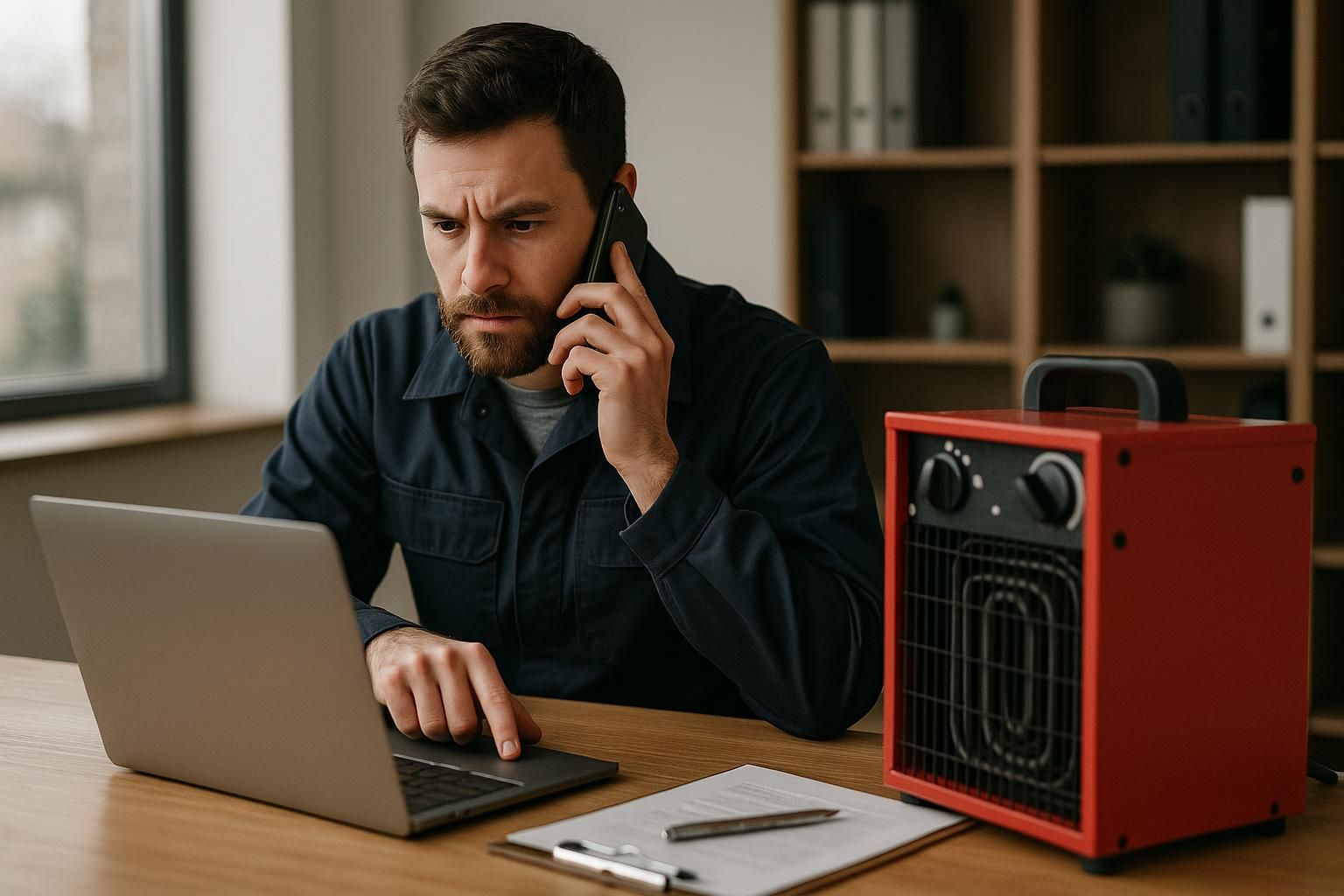 Technician in uniform fixes a home furnace at night under emergency heating repair service with tools and a diagnostic tablet