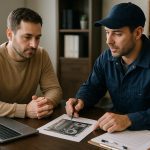 Technician in uniform working on a glowing furnace at night with emergency heating repair services truck in driveway