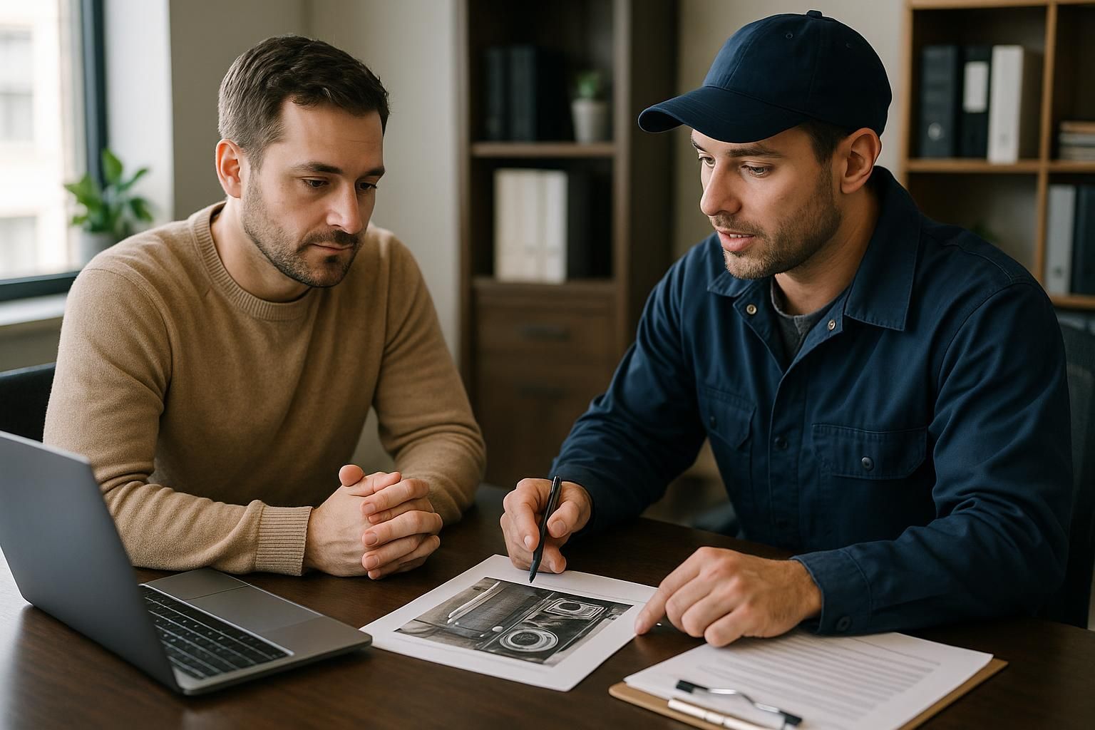 Technician in uniform working on a glowing furnace at night with emergency heating repair services truck in driveway