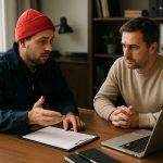 Emergency heating service technician in reflective gear examines a furnace pipe leak amid snowfall outside a cozy house