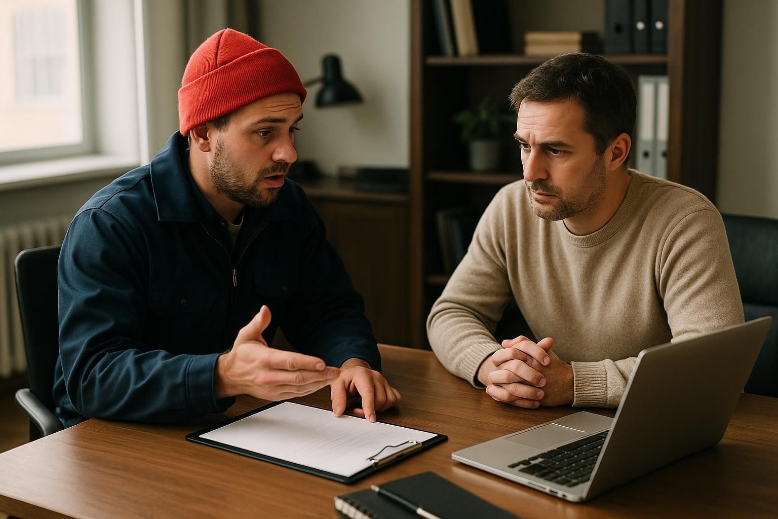 Emergency heating service technician in reflective gear examines a furnace pipe leak amid snowfall outside a cozy house