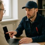Uniformed technician adjusts furnace controls in cold basement for emergency heating service near me