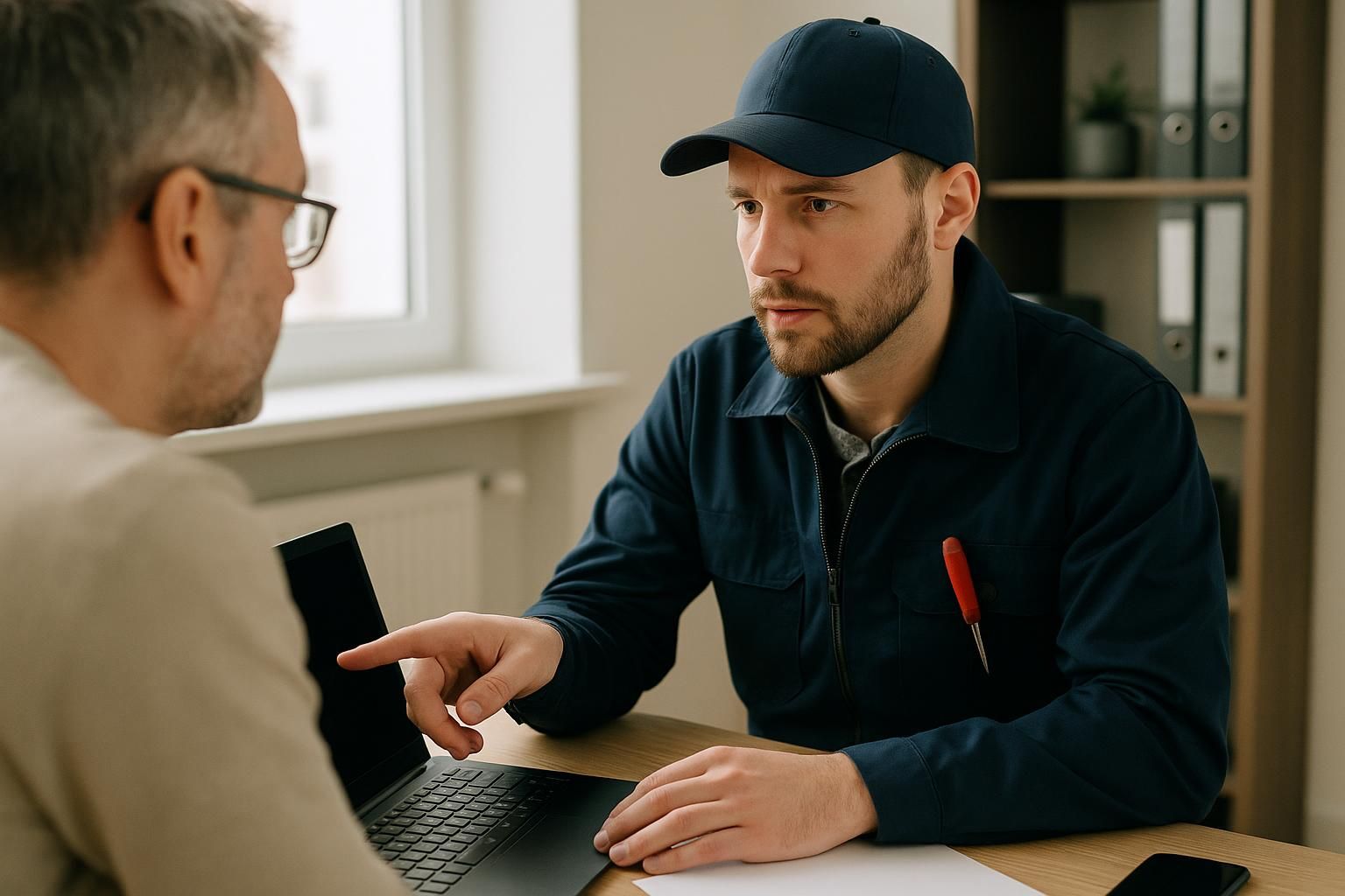 Uniformed technician adjusts furnace controls in cold basement for emergency heating service near me
