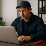 Uniformed technician repairing a home furnace at night under van lights providing emergency heating services near me