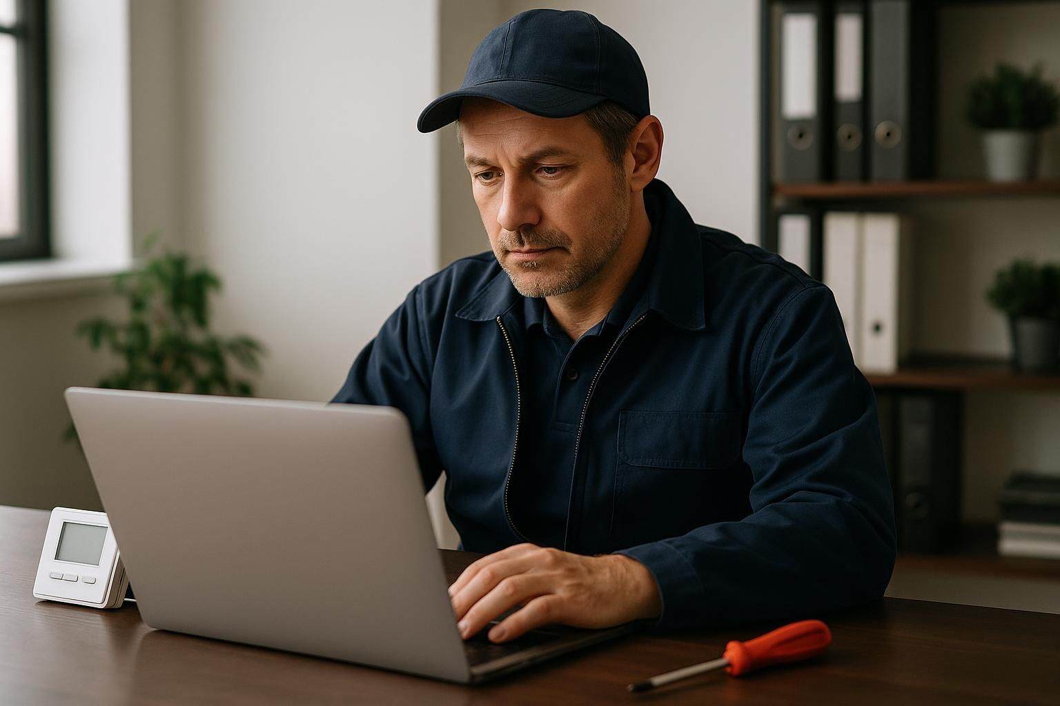 Uniformed technician repairing a home furnace at night under van lights providing emergency heating services near me