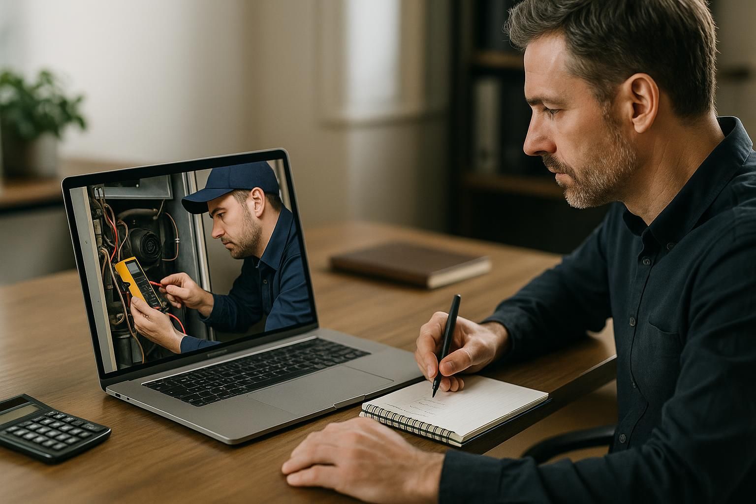 Technician in safety gear inspecting a residential furnace with wrenches, illustrating expert furnace repair and service