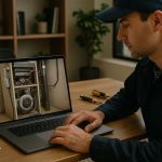 Smiling HVAC technician in orange coveralls repairing home furnace with tools on cart for furnace repair service