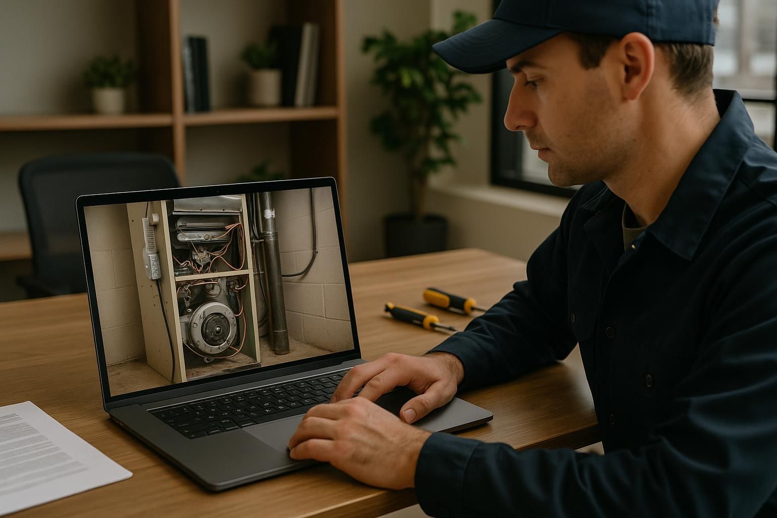 Smiling HVAC technician in orange coveralls repairing home furnace with tools on cart for furnace repair service