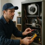 HVAC technician in blue uniform inspects a home furnace with tools for furnace repair & service in a sunlit basement.