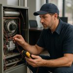 Local technician repairing a residential furnace with tools in a warm basement, furnace repair service near me