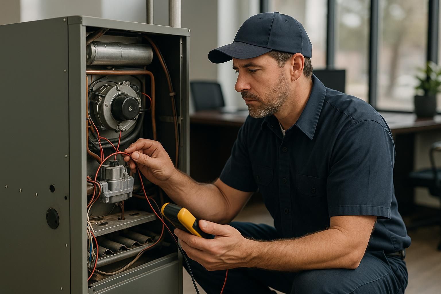 Local technician repairing a residential furnace with tools in a warm basement, furnace repair service near me