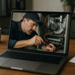 HVAC technician diagnosing a home furnace with tools and safety gear, showcasing furnace repair services.