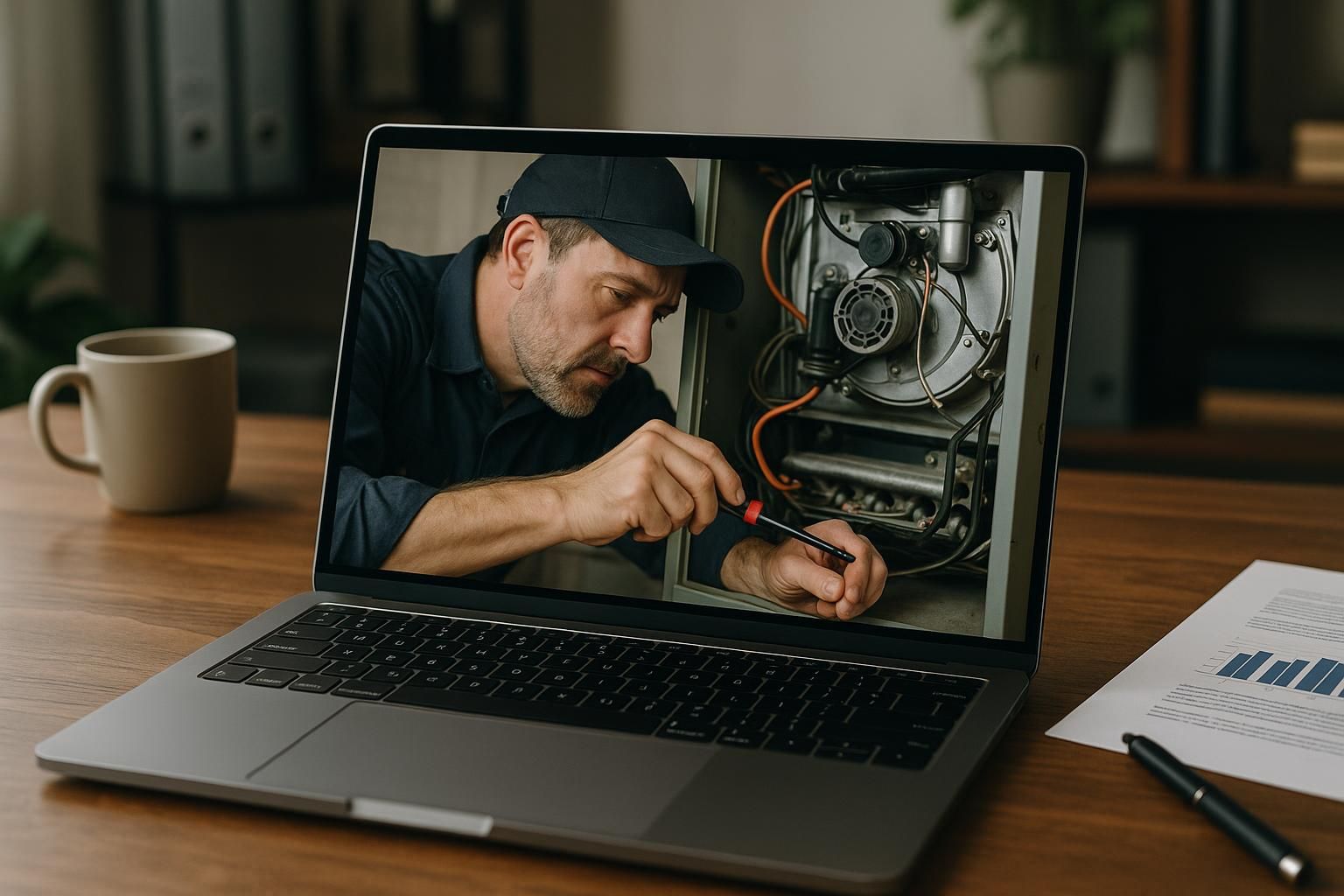 HVAC technician diagnosing a home furnace with tools and safety gear, showcasing furnace repair services.