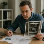Technician in uniform performing furnace repair services in a modern home furnace room, tools on bench nearby