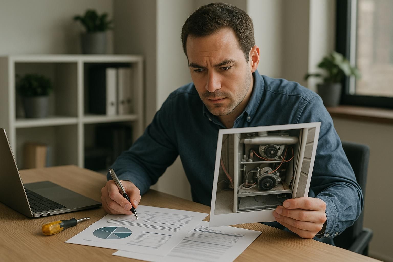 Technician in uniform performing furnace repair services in a modern home furnace room, tools on bench nearby