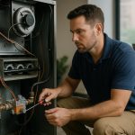 Technician opening furnace panel with wrench, showcasing professional furnace service and repair in a busy mechanical room.