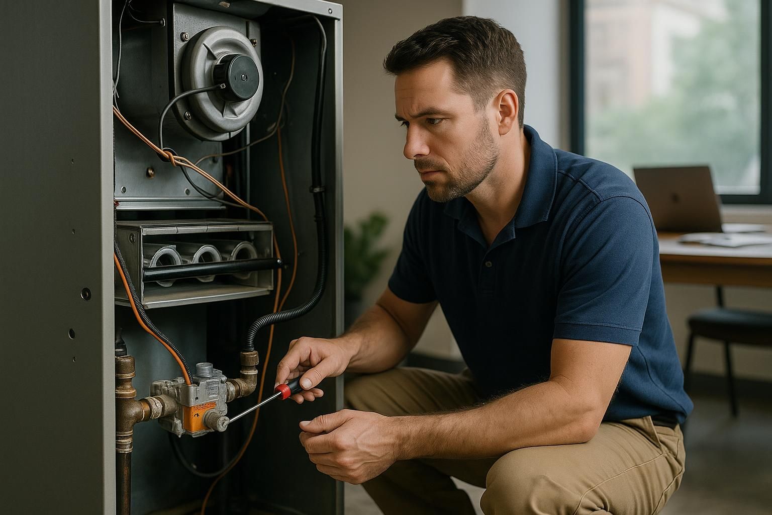 Technician opening furnace panel with wrench, showcasing professional furnace service and repair in a busy mechanical room.