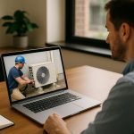 Technician mounts outdoor heat pump on a home wall using tools and manual, illustrating heat pump how to install process