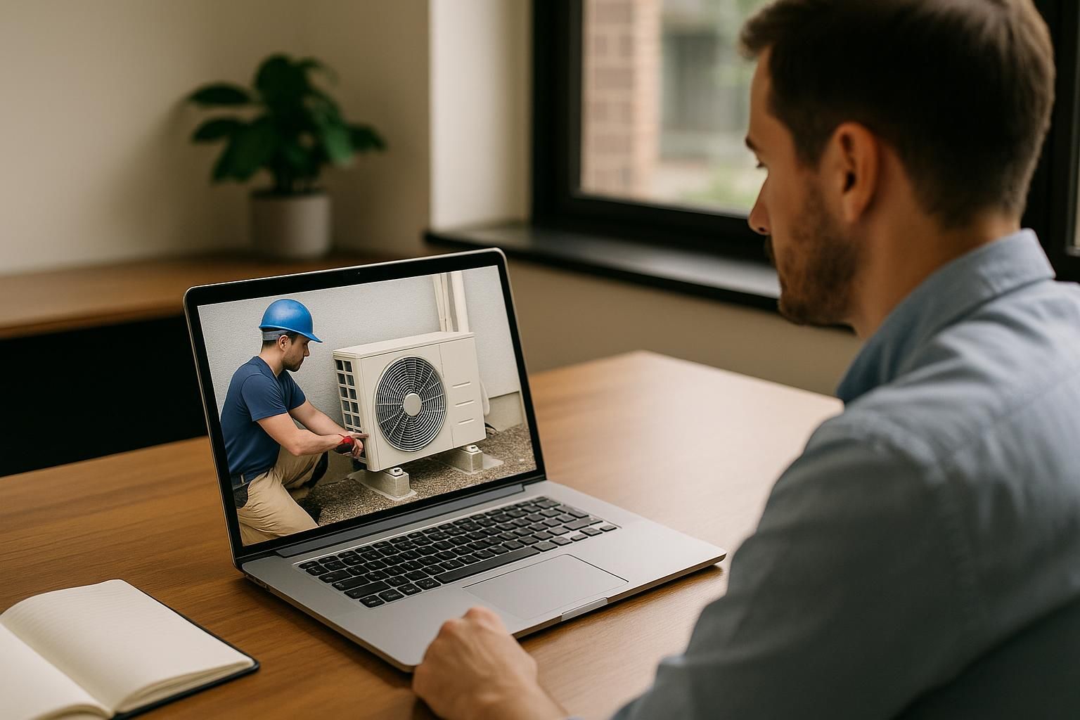 Technician mounts outdoor heat pump on a home wall using tools and manual, illustrating heat pump how to install process