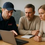 Heating emergency service technician in high-visibility jacket rushes to restore a steaming furnace in a cold home basement