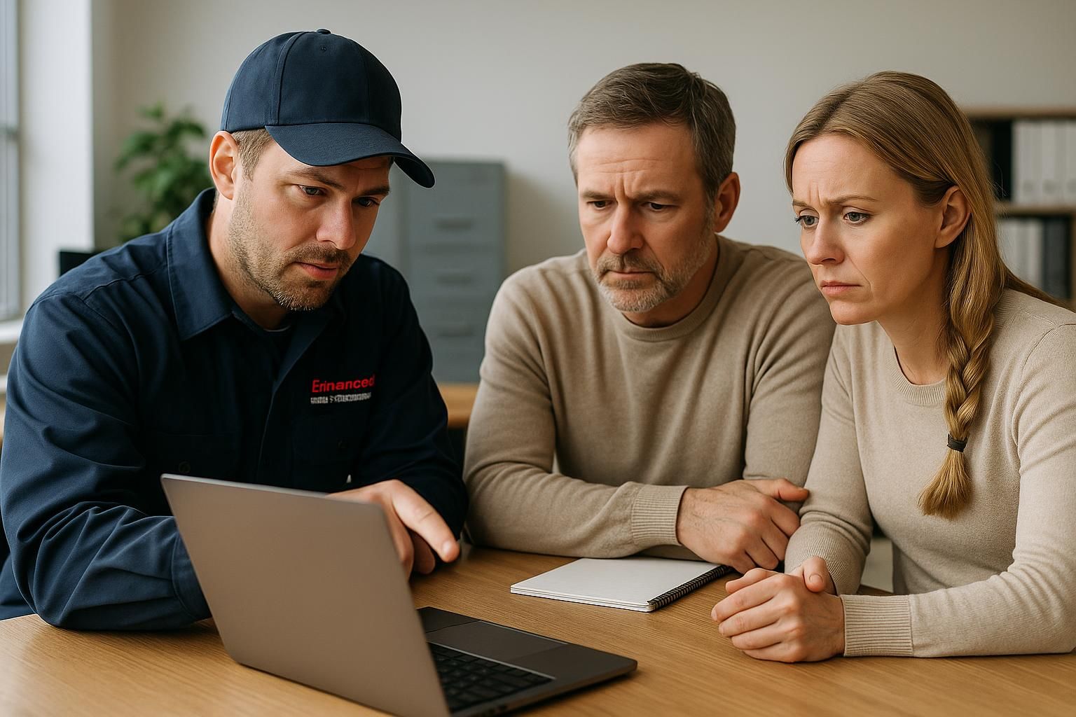 Heating emergency service technician in high-visibility jacket rushes to restore a steaming furnace in a cold home basement