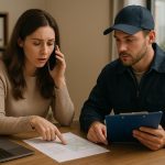 HVAC technician in van with flashing lights pulling up to a home at dusk for heating emergency service near me