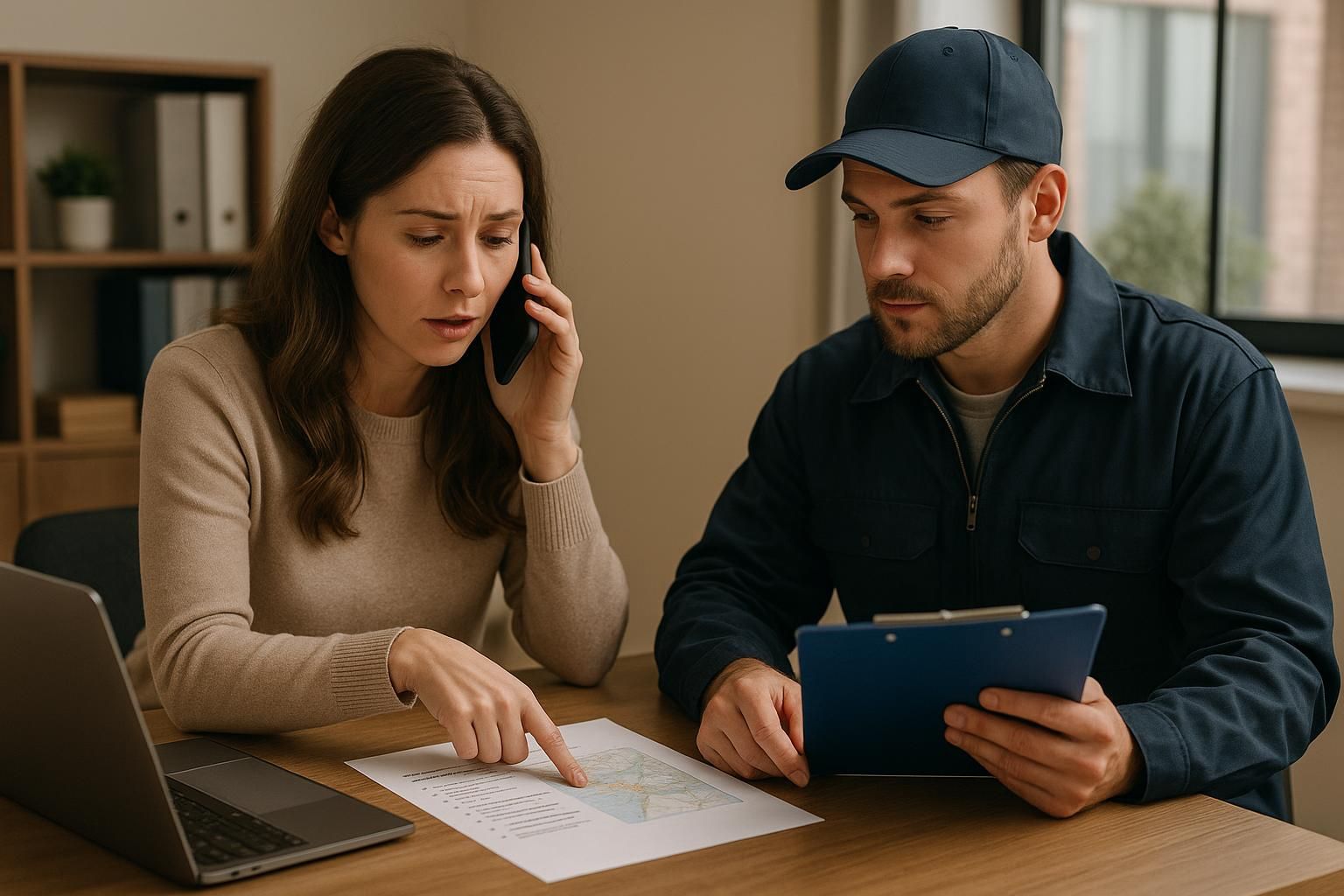 HVAC technician in van with flashing lights pulling up to a home at dusk for heating emergency service near me